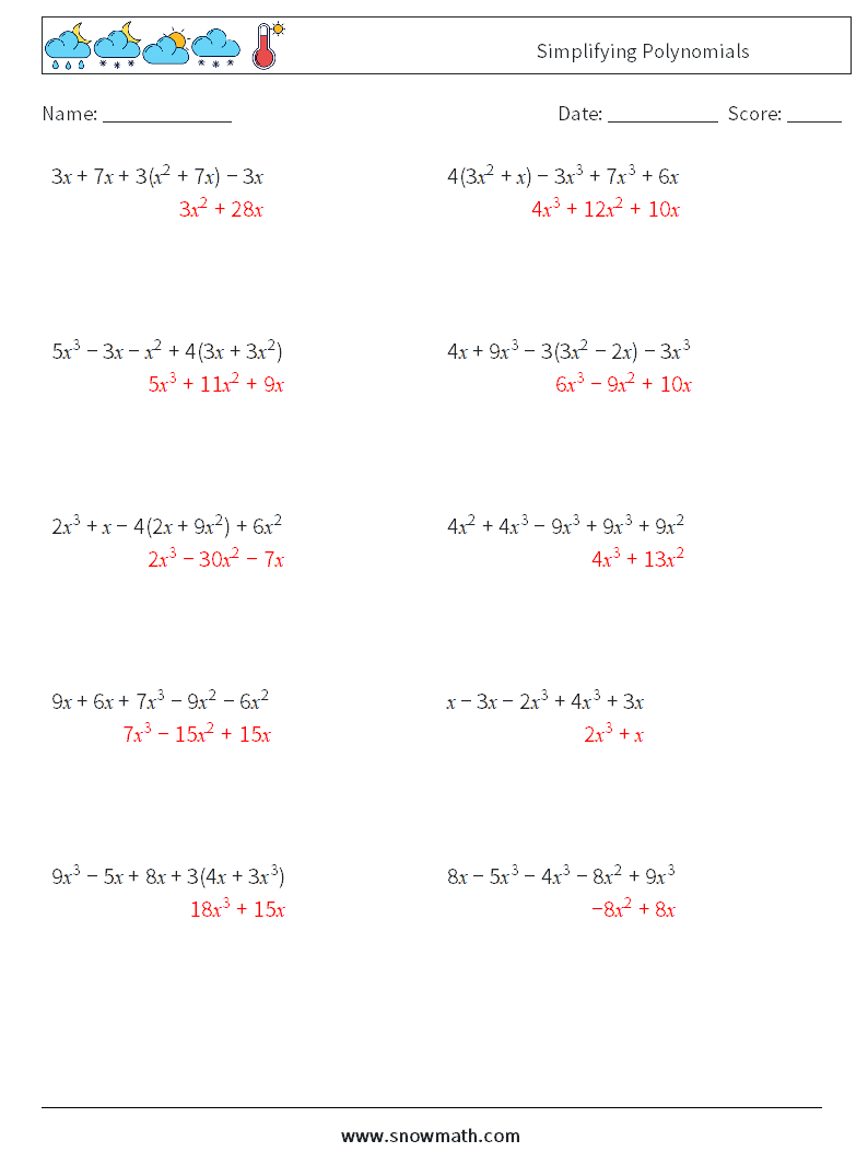 Simplifying Polynomials Maths Worksheets 3 Question, Answer