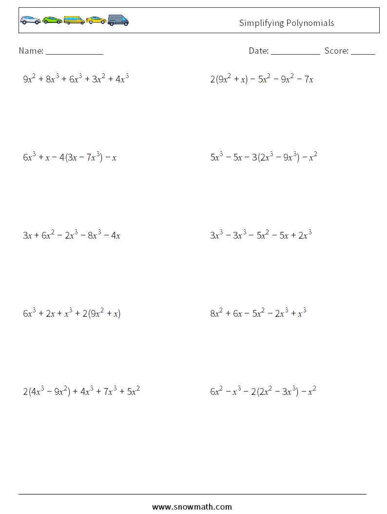 Simplifying Polynomials Maths Worksheets 5