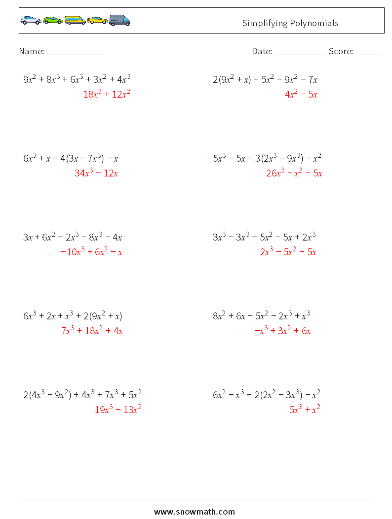 Simplifying Polynomials Maths Worksheets 5 Question, Answer