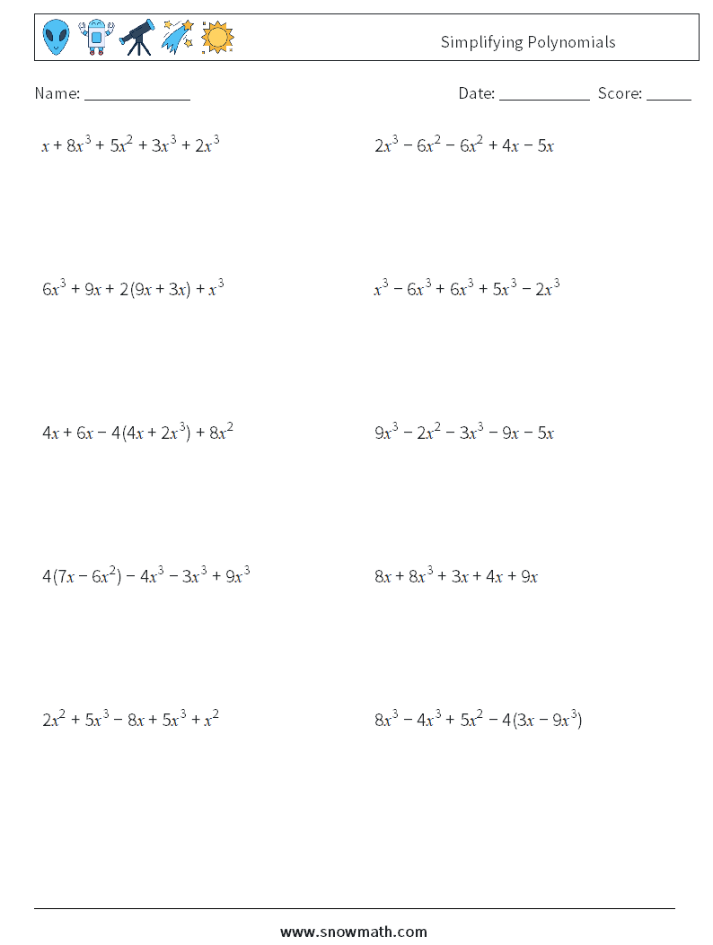 Simplifying Polynomials Maths Worksheets 6