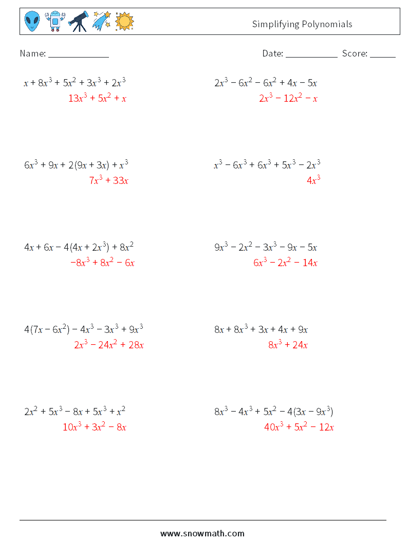 Simplifying Polynomials Maths Worksheets 6 Question, Answer
