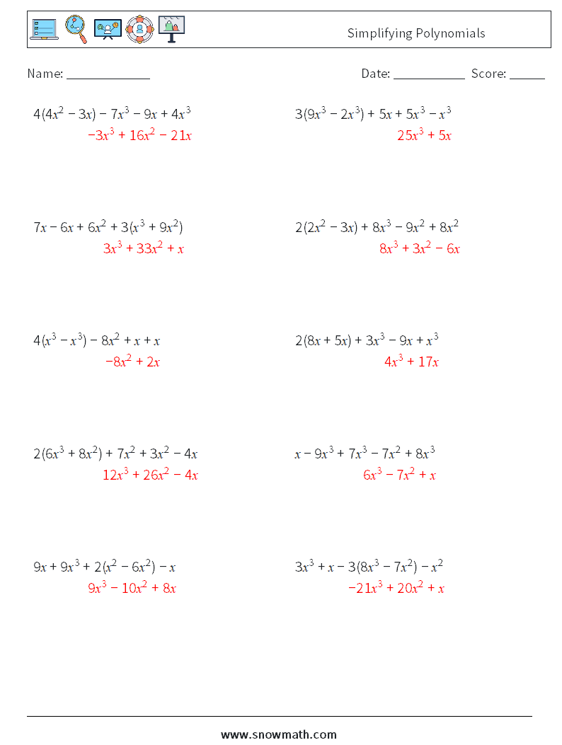 Simplifying Polynomials Maths Worksheets 7 Question, Answer