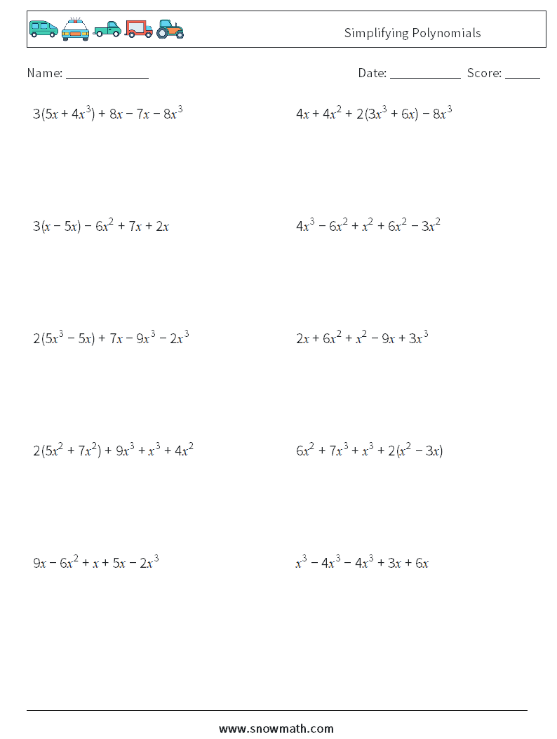 Simplifying Polynomials Maths Worksheets 8