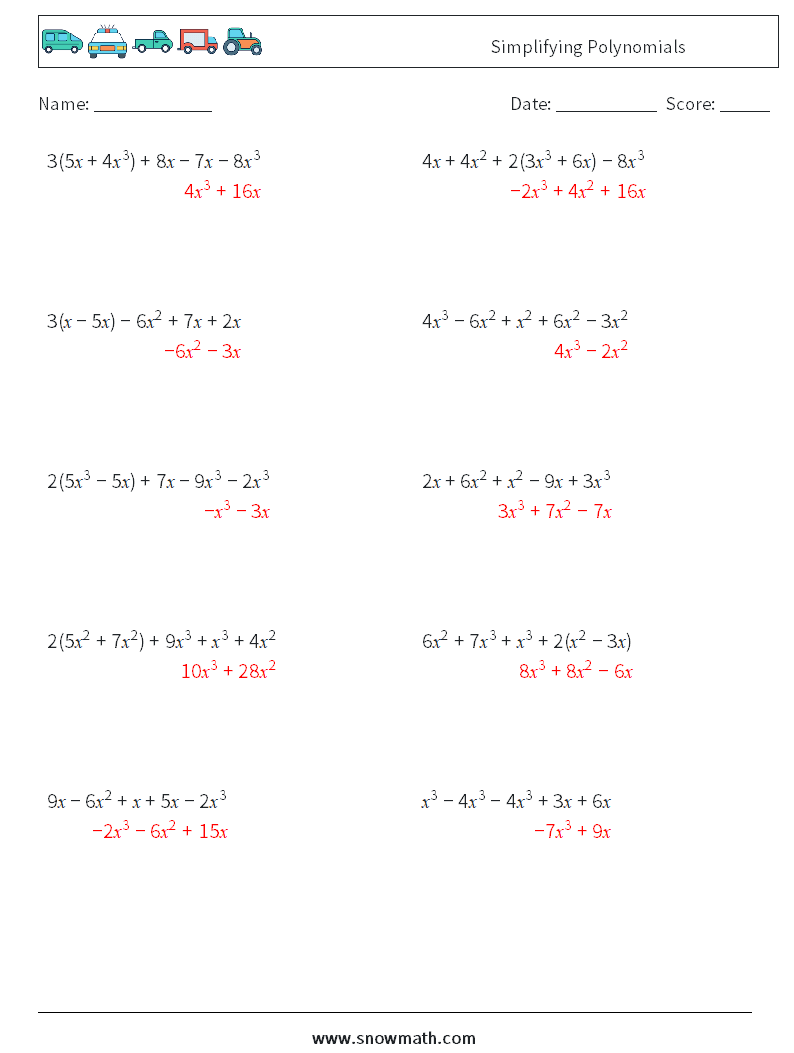 Simplifying Polynomials Maths Worksheets 8 Question, Answer