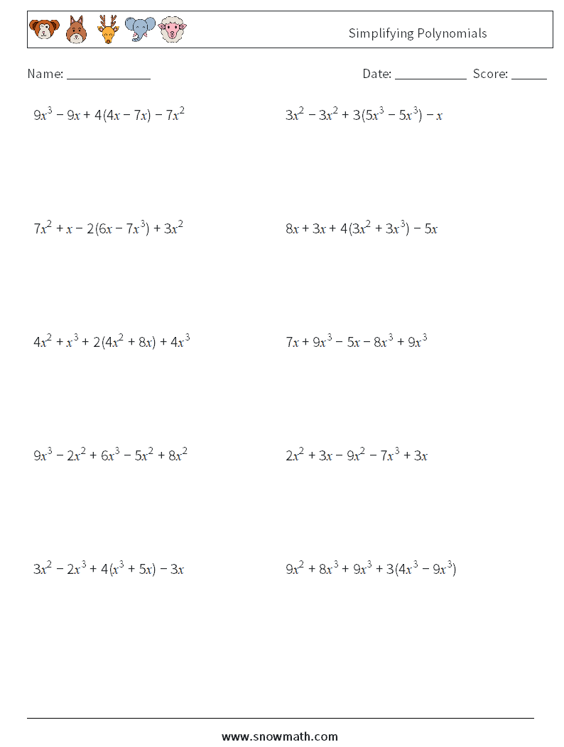 Simplifying Polynomials Maths Worksheets 9