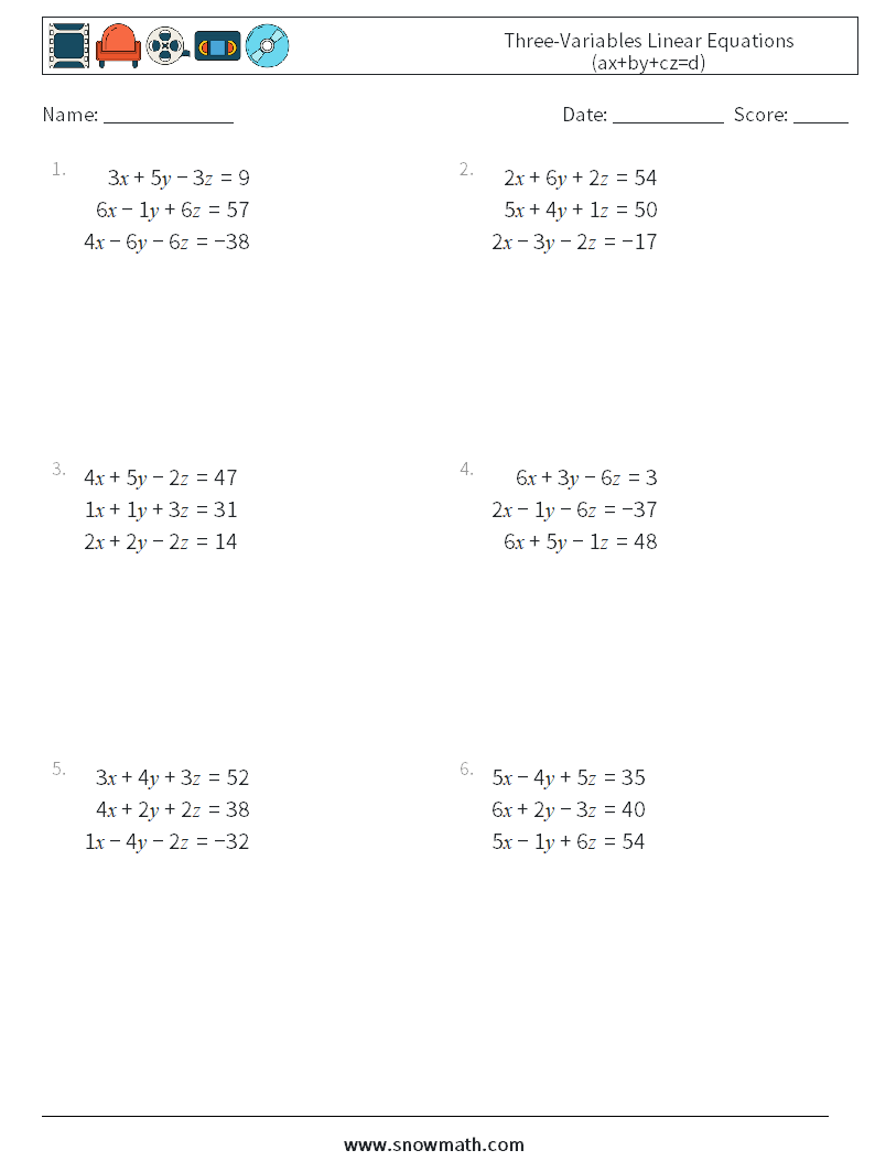 Three-Variables Linear Equations (ax+by+cz=d) Maths Worksheets 1
