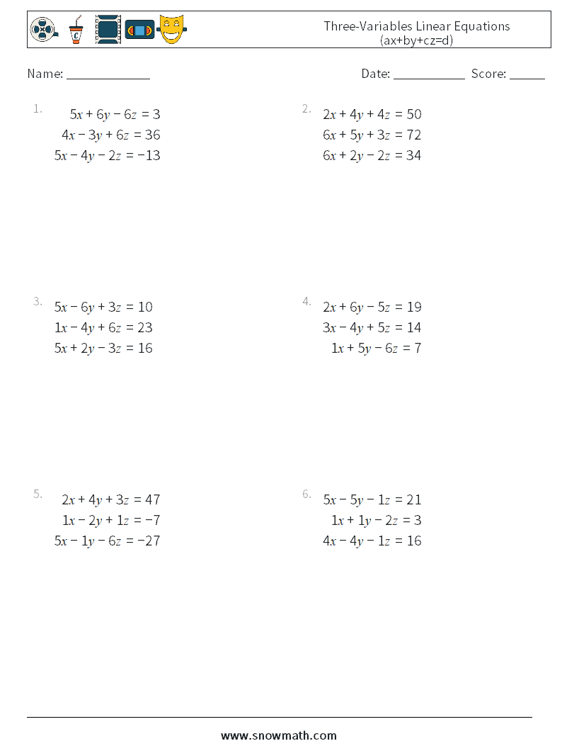 Three-Variables Linear Equations (ax+by+cz=d) Maths Worksheets 10