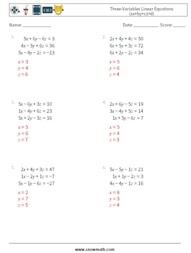 Three-Variables Linear Equations (ax+by+cz=d) Maths Worksheets 10 Question, Answer