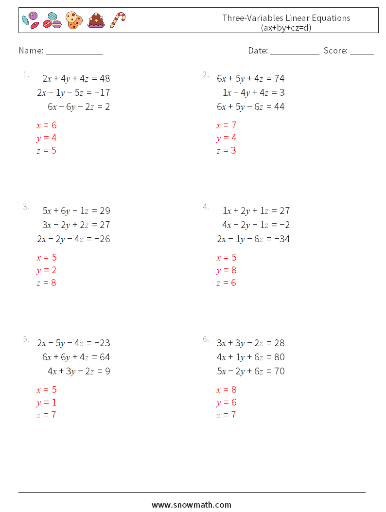 Three-Variables Linear Equations (ax+by+cz=d) Maths Worksheets 11 Question, Answer