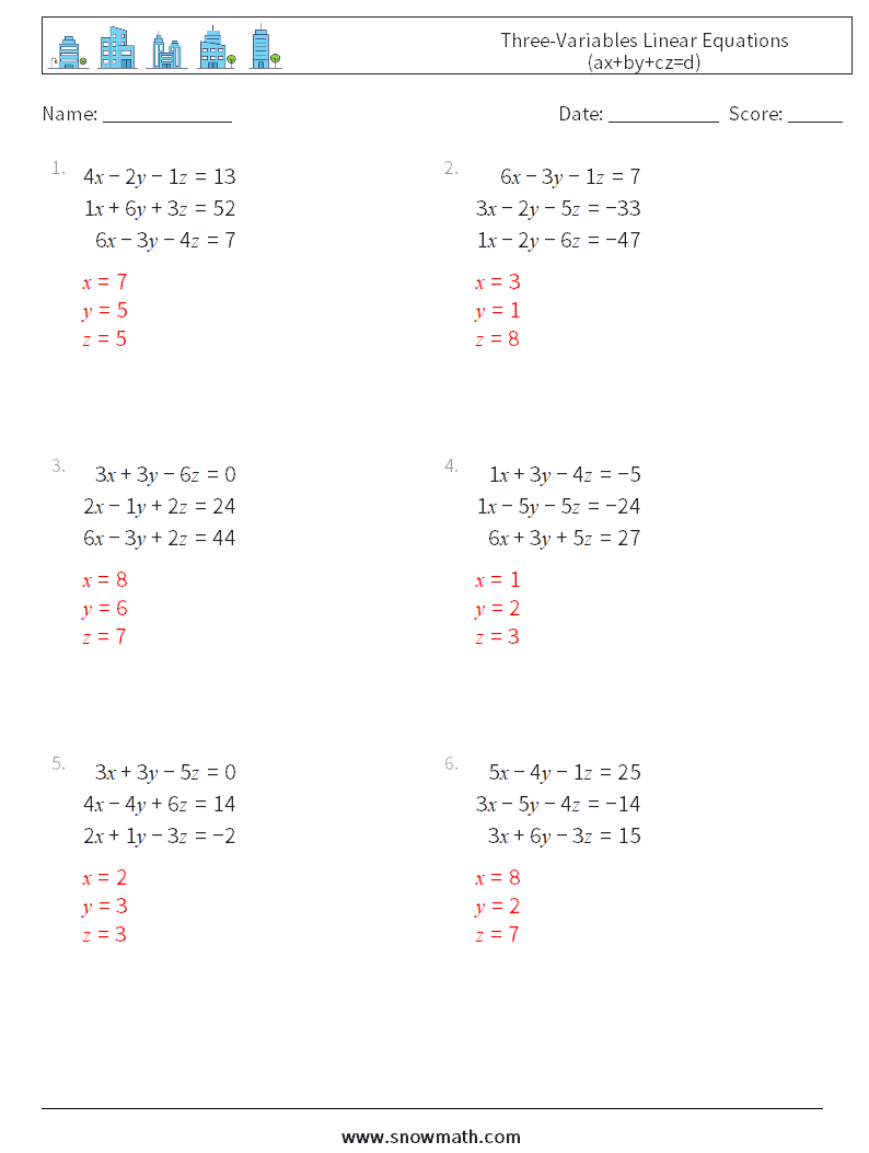 Three-Variables Linear Equations (ax+by+cz=d) Maths Worksheets 12 Question, Answer