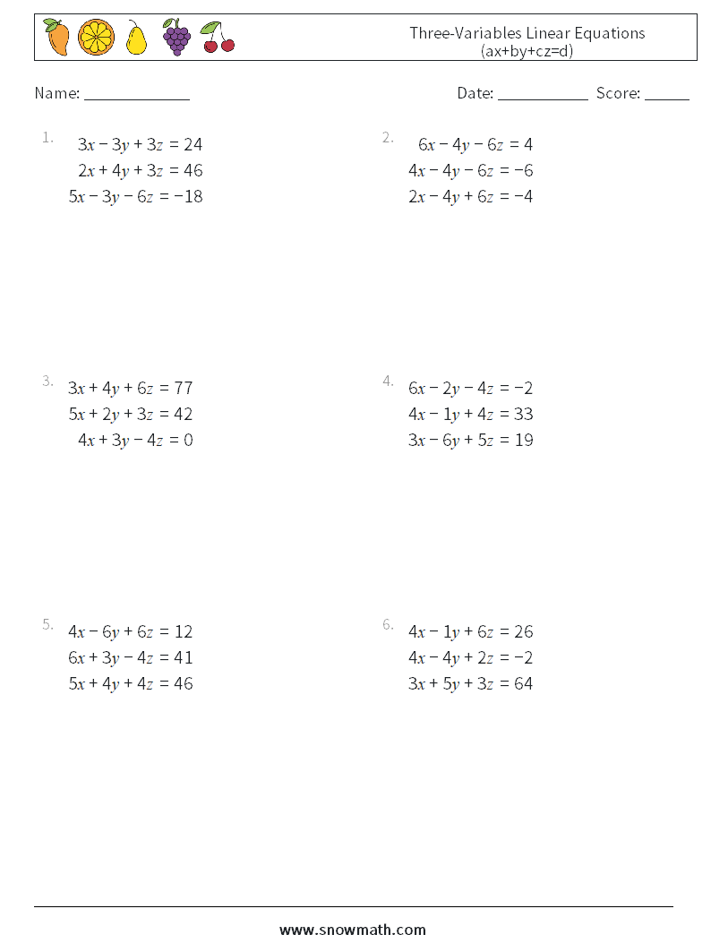 Three-Variables Linear Equations (ax+by+cz=d) Maths Worksheets 13