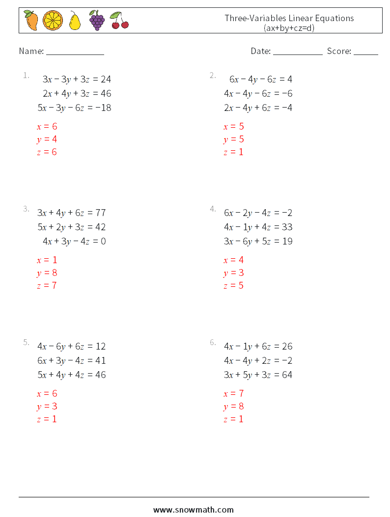 Three-Variables Linear Equations (ax+by+cz=d) Maths Worksheets 13 Question, Answer