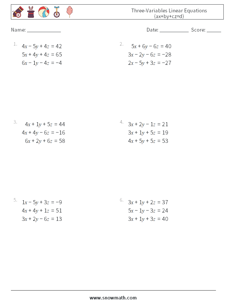 Three-Variables Linear Equations (ax+by+cz=d) Maths Worksheets 15