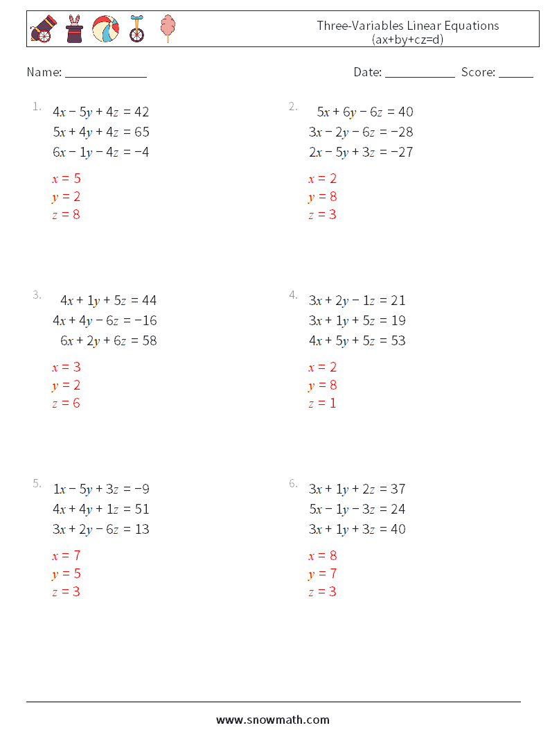 Three-Variables Linear Equations (ax+by+cz=d) Maths Worksheets 15 Question, Answer