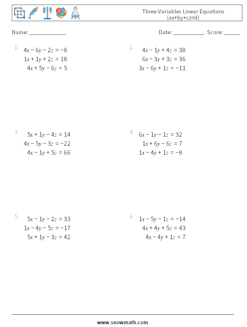 Three-Variables Linear Equations (ax+by+cz=d) Maths Worksheets 16