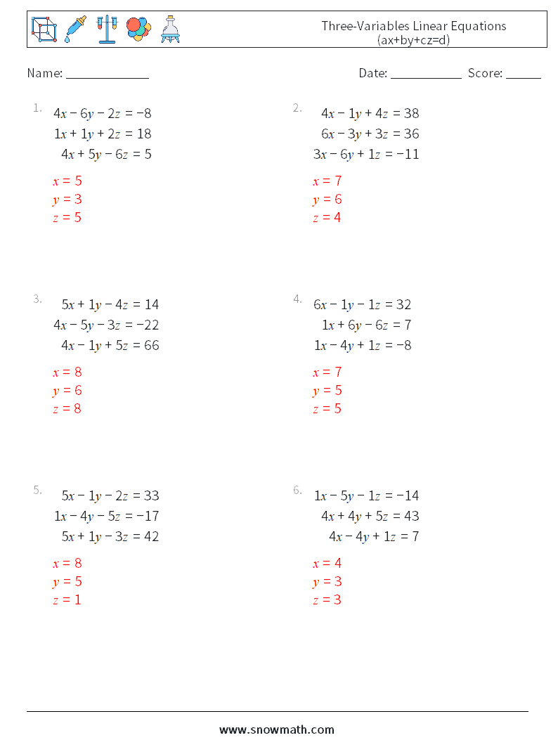 Three-Variables Linear Equations (ax+by+cz=d) Maths Worksheets 16 Question, Answer