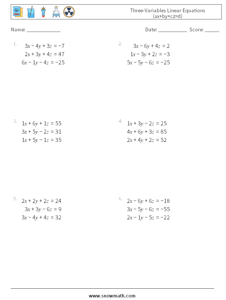 Three-Variables Linear Equations (ax+by+cz=d) Maths Worksheets 17
