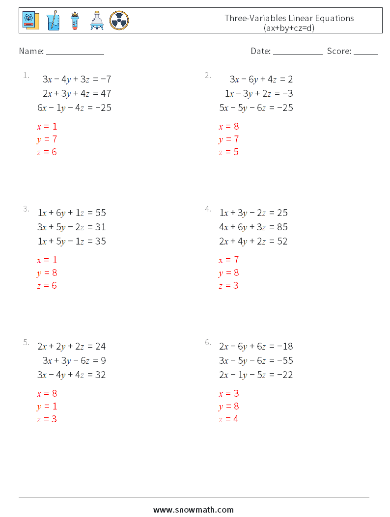 Three-Variables Linear Equations (ax+by+cz=d) Maths Worksheets 17 Question, Answer