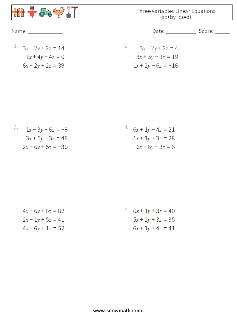 Three-Variables Linear Equations (ax+by+cz=d) Maths Worksheets 18