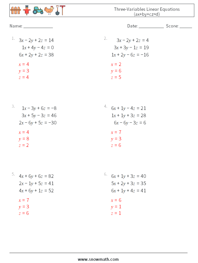 Three-Variables Linear Equations (ax+by+cz=d) Maths Worksheets 18 Question, Answer