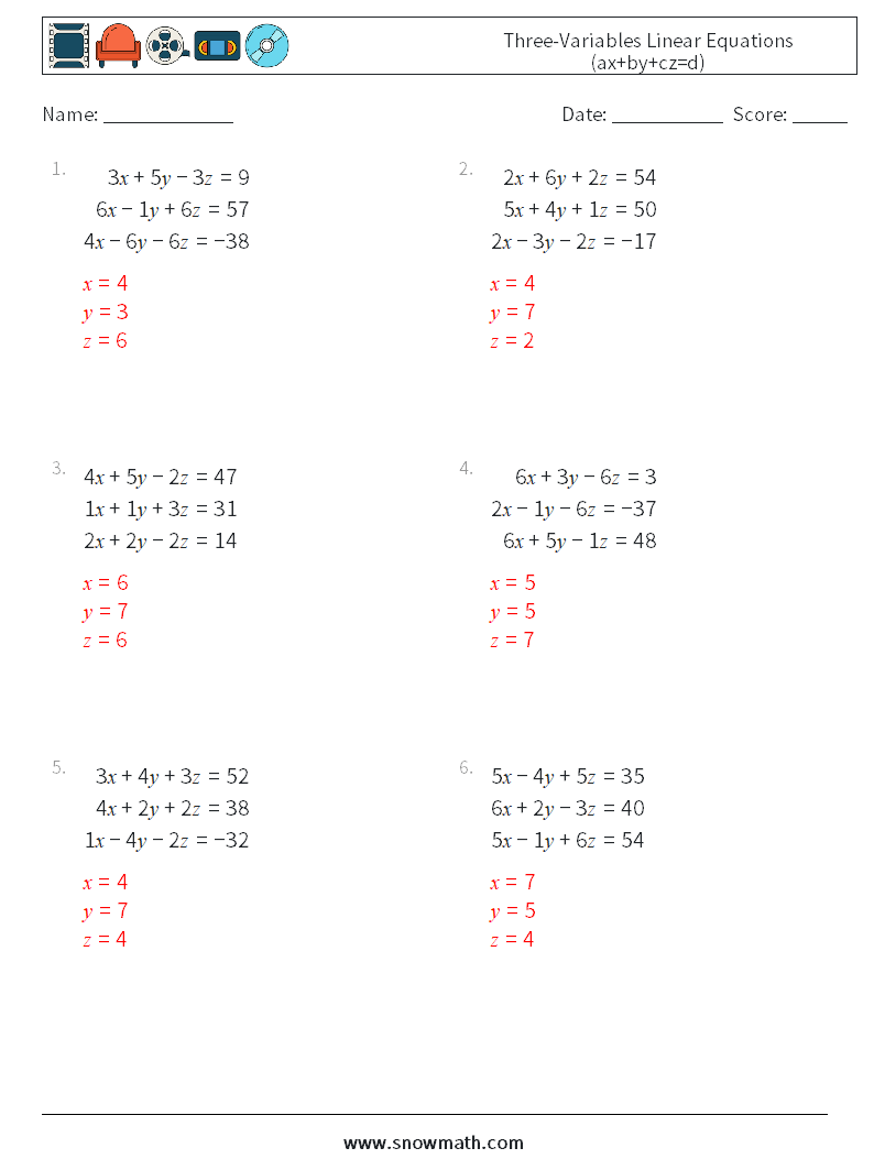 Three-Variables Linear Equations (ax+by+cz=d) Maths Worksheets 1 Question, Answer