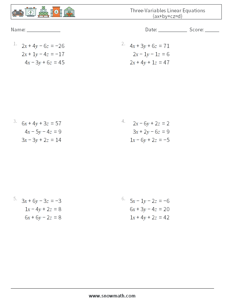 Three-Variables Linear Equations (ax+by+cz=d) Maths Worksheets 2