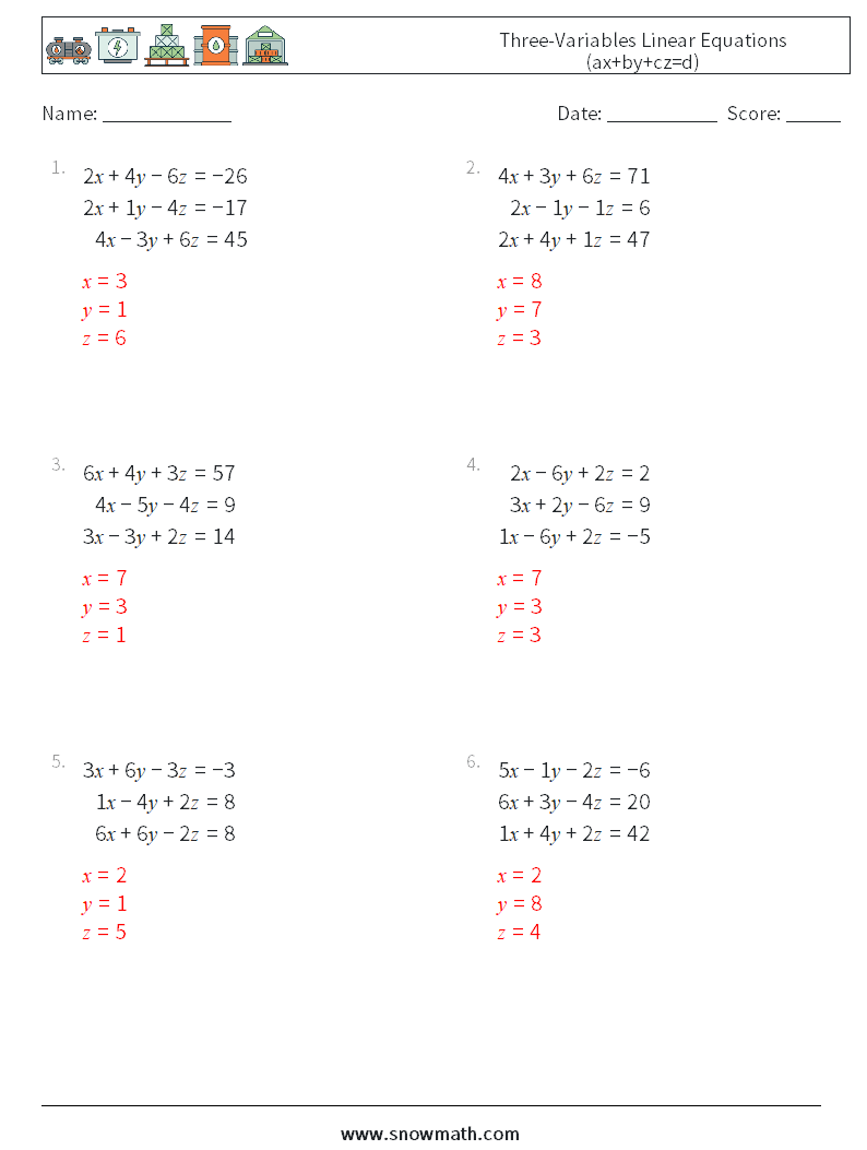 Three-Variables Linear Equations (ax+by+cz=d) Maths Worksheets 2 Question, Answer