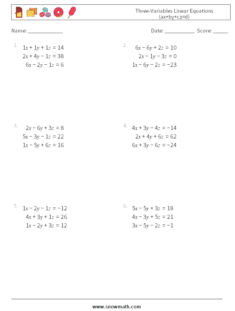 Three-Variables Linear Equations (ax+by+cz=d) Maths Worksheets 3