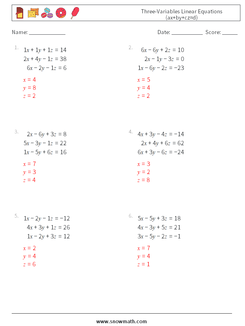 Three-Variables Linear Equations (ax+by+cz=d) Maths Worksheets 3 Question, Answer