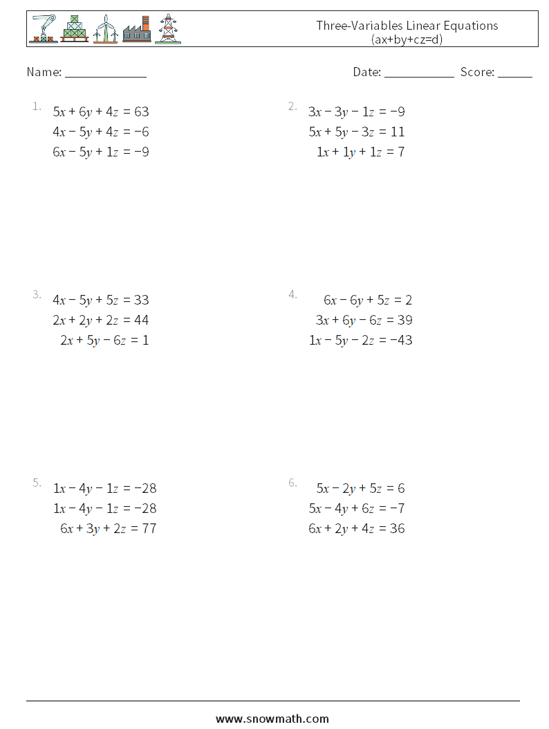 Three-Variables Linear Equations (ax+by+cz=d) Maths Worksheets 4