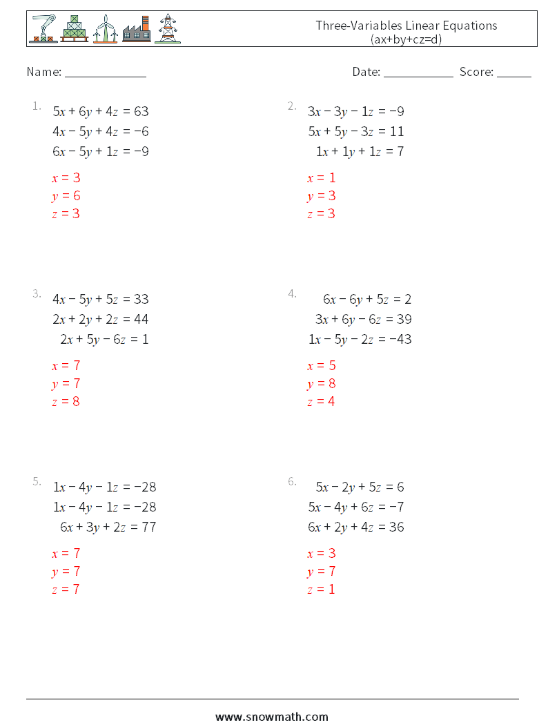 Three-Variables Linear Equations (ax+by+cz=d) Maths Worksheets 4 Question, Answer