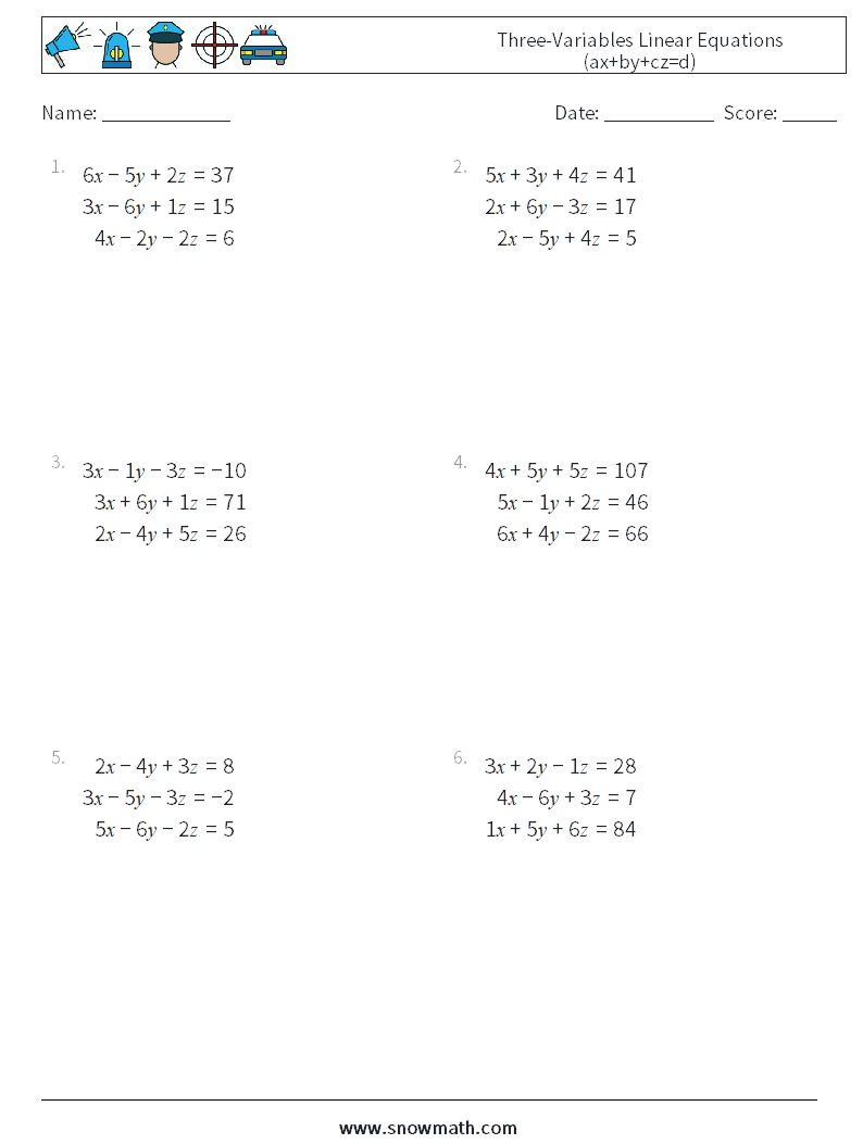 Three-Variables Linear Equations (ax+by+cz=d) Maths Worksheets 5