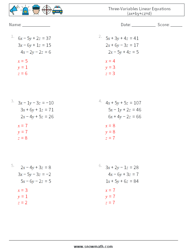 Three-Variables Linear Equations (ax+by+cz=d) Maths Worksheets 5 Question, Answer