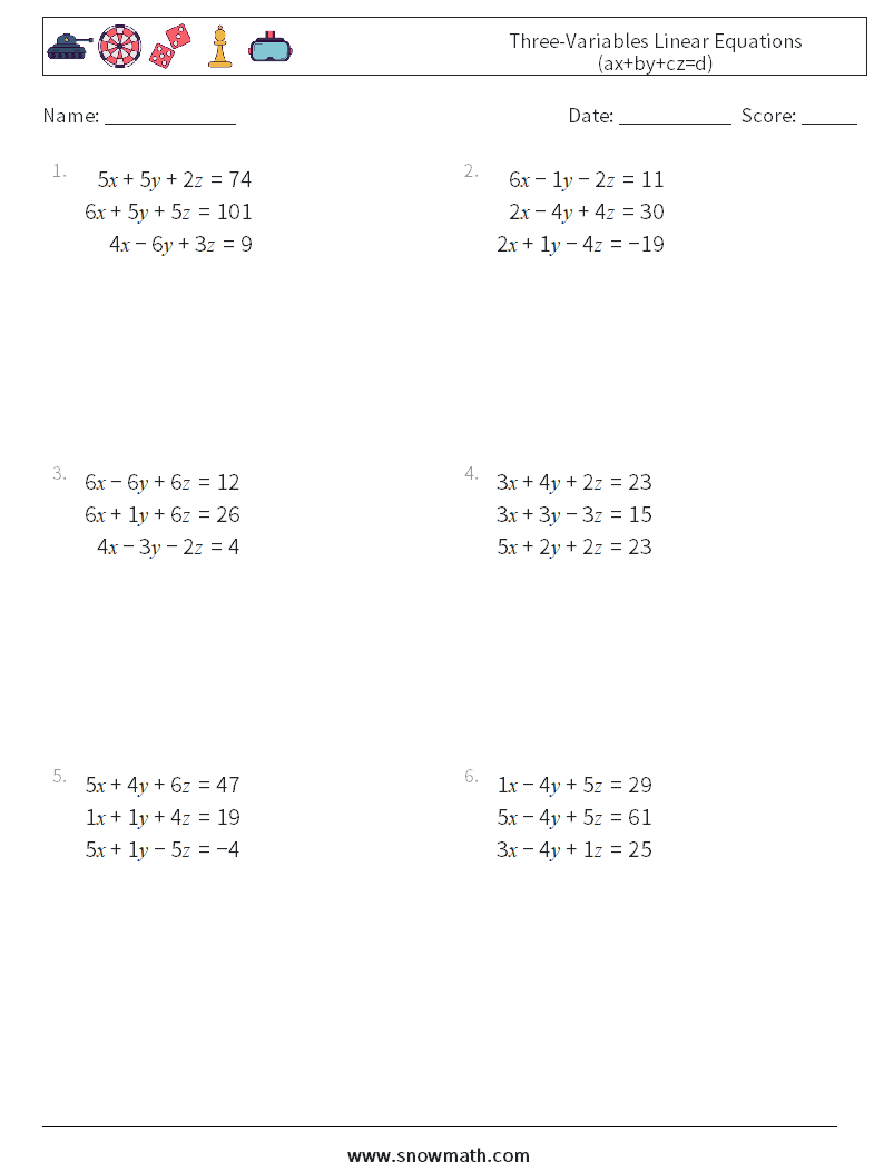 Three-Variables Linear Equations (ax+by+cz=d) Maths Worksheets 6