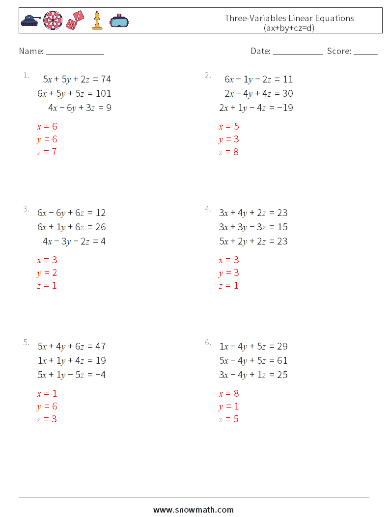 Three-Variables Linear Equations (ax+by+cz=d) Maths Worksheets 6 Question, Answer