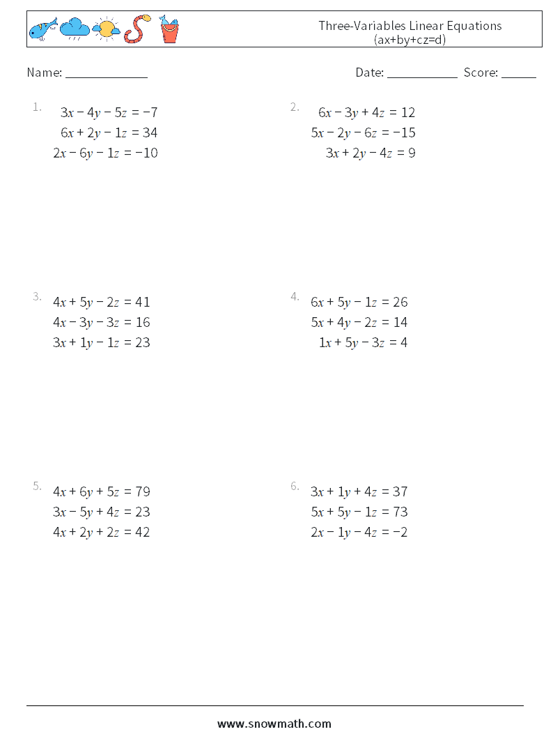 Three-Variables Linear Equations (ax+by+cz=d) Maths Worksheets 7