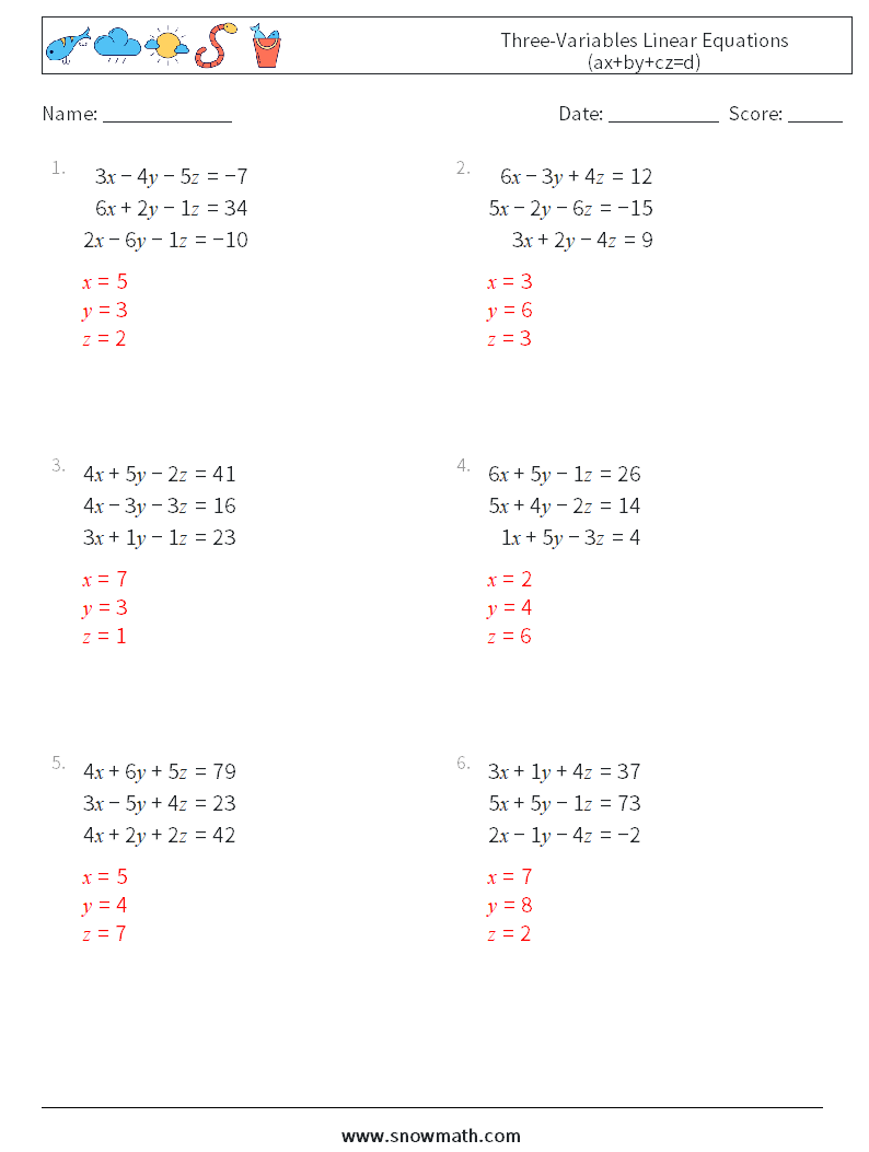 Three-Variables Linear Equations (ax+by+cz=d) Maths Worksheets 7 Question, Answer