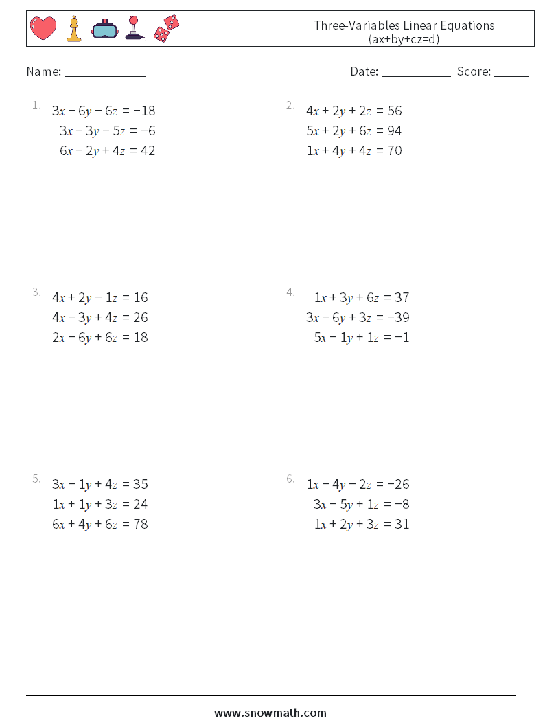 Three-Variables Linear Equations (ax+by+cz=d) Maths Worksheets 8