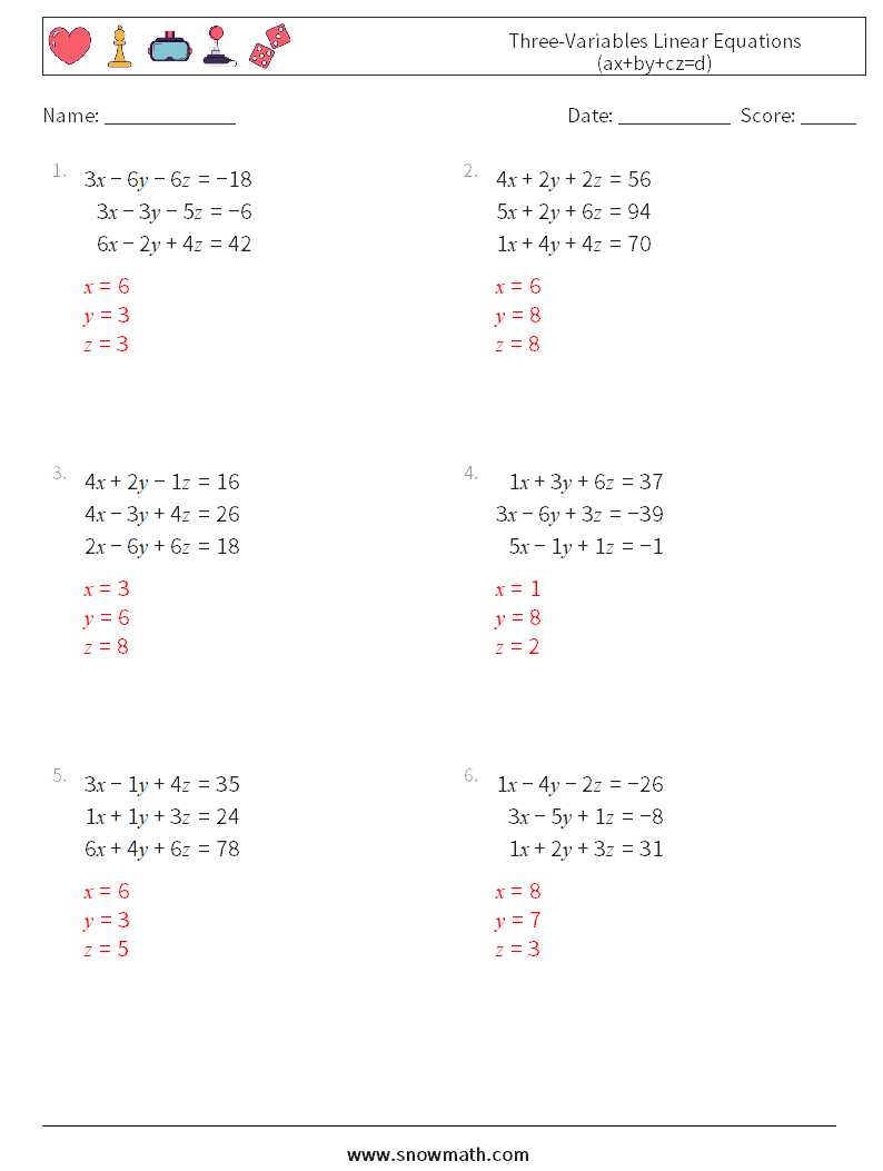 Three-Variables Linear Equations (ax+by+cz=d) Maths Worksheets 8 Question, Answer