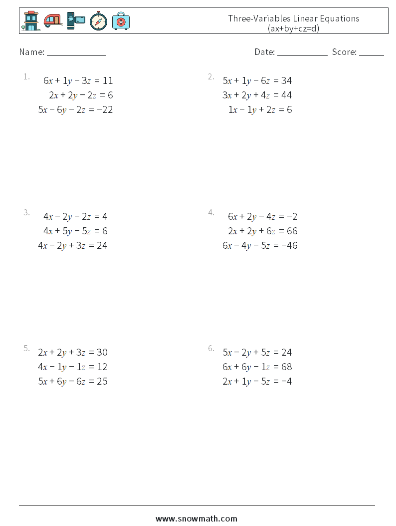 Three-Variables Linear Equations (ax+by+cz=d) Maths Worksheets 9