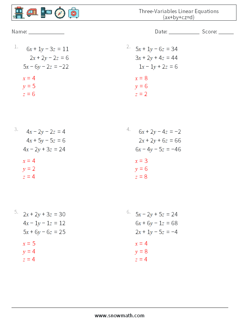 Three-Variables Linear Equations (ax+by+cz=d) Maths Worksheets 9 Question, Answer