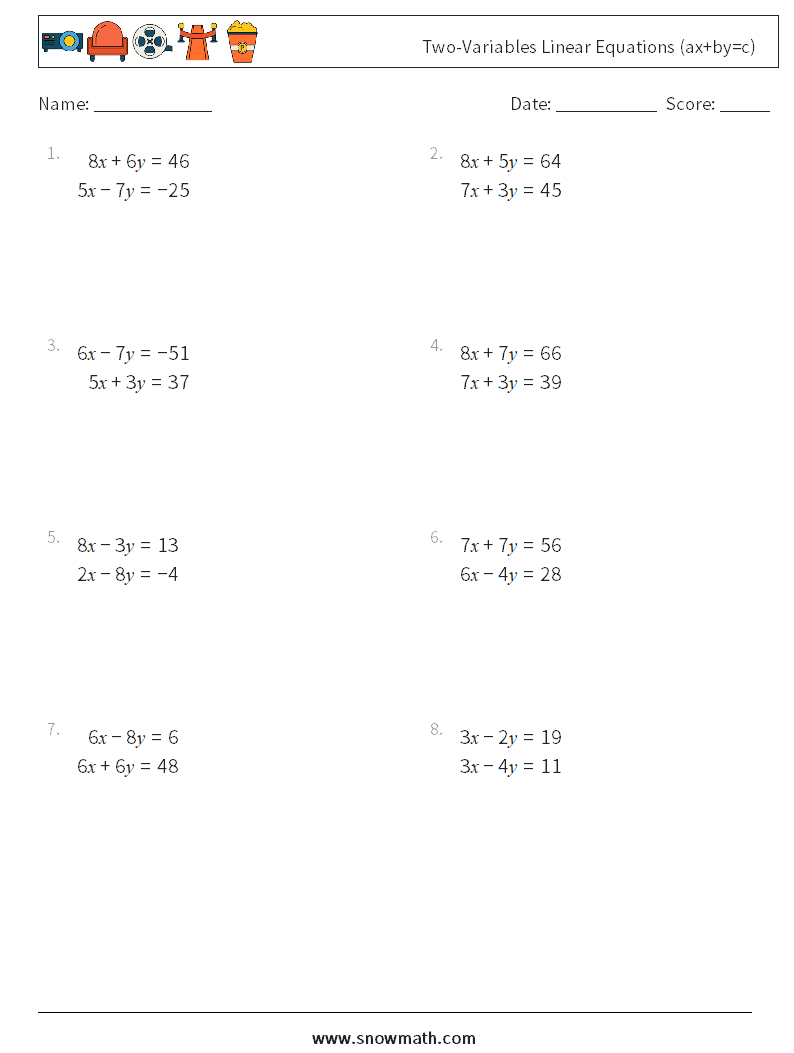 Two-Variables Linear Equations (ax+by=c) Maths Worksheets 1