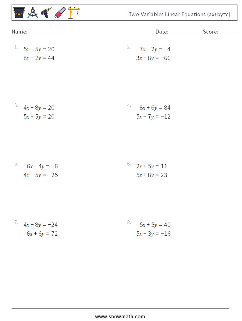 Two-Variables Linear Equations (ax+by=c) Maths Worksheets 10