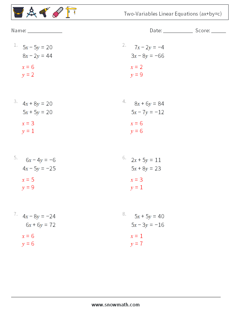 Two-Variables Linear Equations (ax+by=c) Maths Worksheets 10 Question, Answer