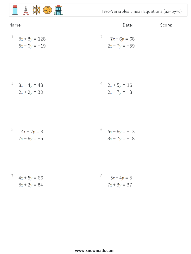 Two-Variables Linear Equations (ax+by=c) Maths Worksheets 11