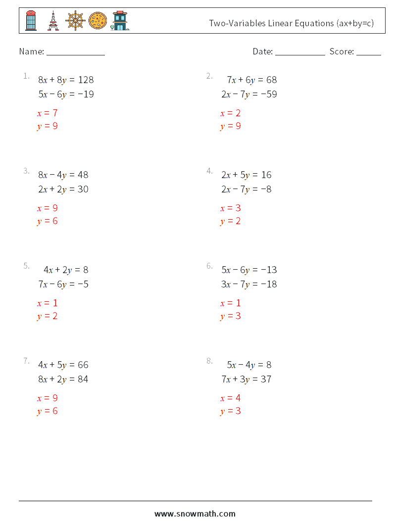 Two-Variables Linear Equations (ax+by=c) Maths Worksheets 11 Question, Answer