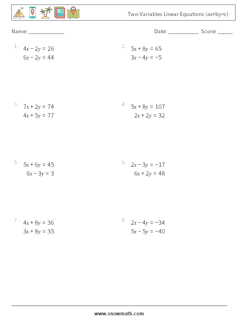 Two-Variables Linear Equations (ax+by=c) Maths Worksheets 12