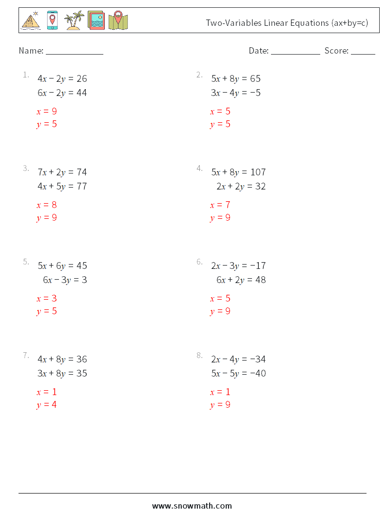 Two-Variables Linear Equations (ax+by=c) Maths Worksheets 12 Question, Answer