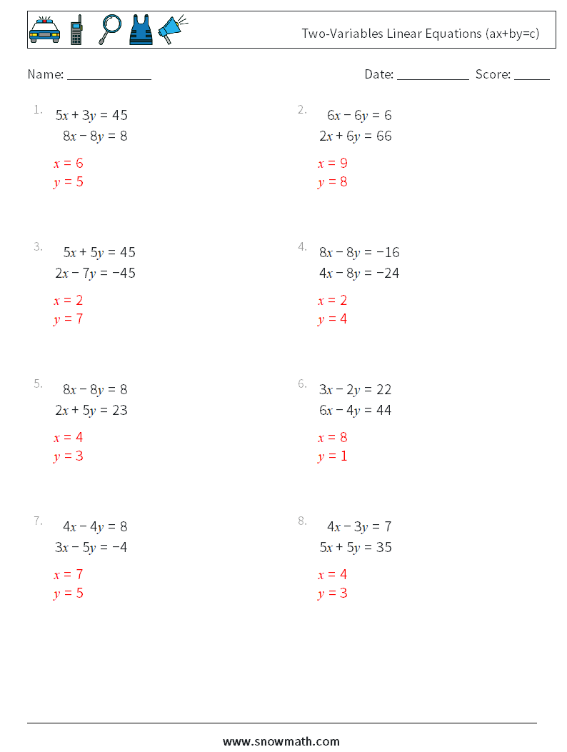 Two-Variables Linear Equations (ax+by=c) Maths Worksheets 13 Question, Answer