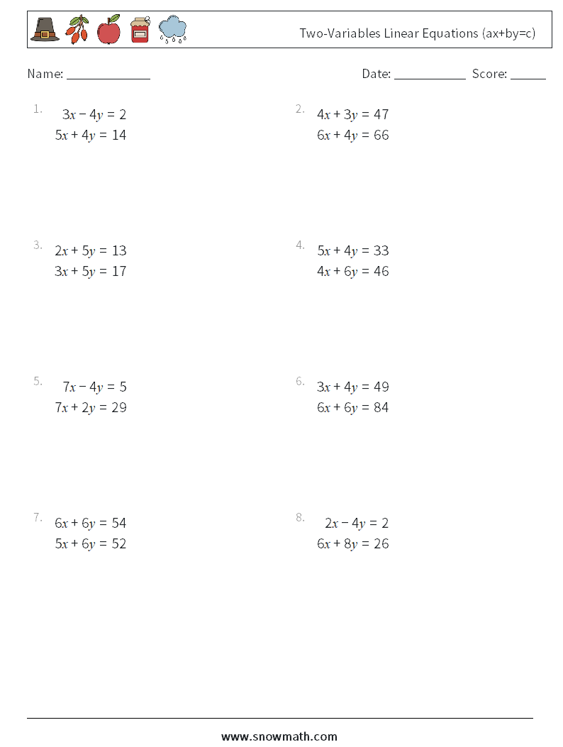 Two-Variables Linear Equations (ax+by=c) Maths Worksheets 14